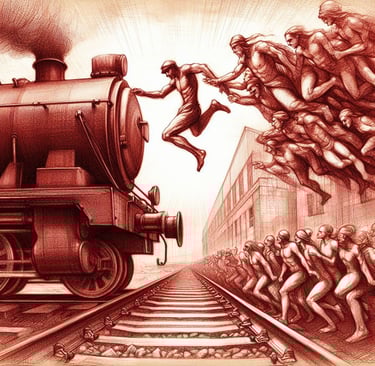 a man jumping over a train with a train in the background