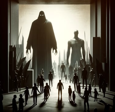 a group of people walking through a room with a giant shadow