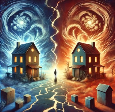 a man standing in front of a house with lightning bolt bolt bolt bolt bolt bolt