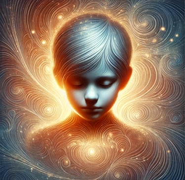 a young boy with a glowing light shining through his eyes