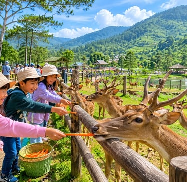 Suasana wisata Pangalengan bersama keluarga, anak-anak berinteraksi dan memberi makan rusa di Kertamanah.
