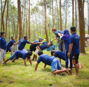team building di hutan pinus, peserta outbound melakukan aktivitas kekompakan tim, pelatihan kerjasama kelompok di alam terbu