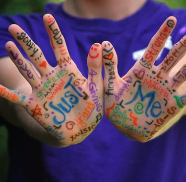 an assortment of words written on a child's hands, world of words