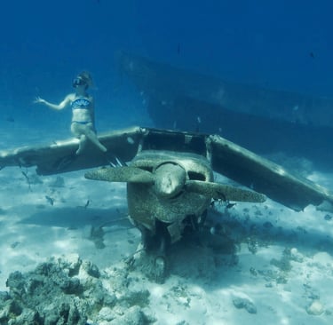 Femme faisant de l'apnée sur une épave d'avion