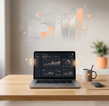 Immagine di workspace digitale minimal con laptop, rappresenta il concetto di iniziare un business o