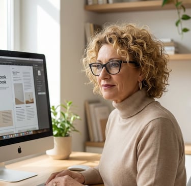 Daniela Arisci al computer mentre lavora al suo ecosistema digitale per vendere prodotti digitali