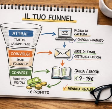 Schema realistico di un funnel di marketing disegnato su un blocco appunti
