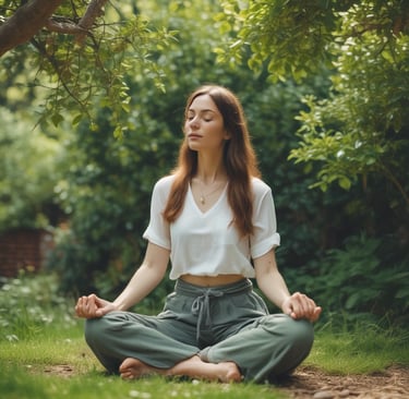 A woman sitting in the middle of a forest doing yoga