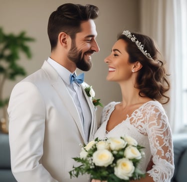 a man and woman standing in a field