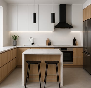 cocina moderna y minimalista, recien restaurada con baldosas blancas, encimeras de manera 