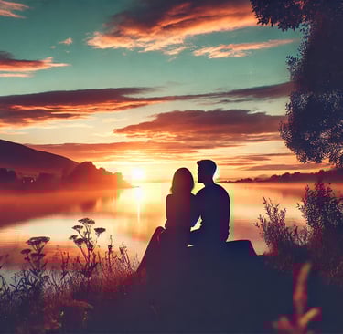 a couple sitting on a bench at sunset in love