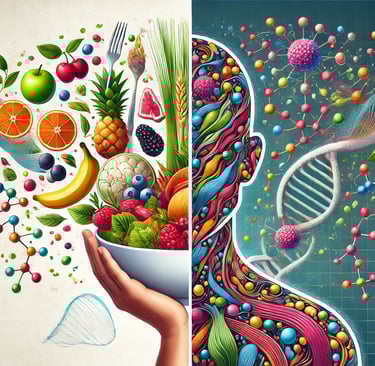 a person holding a bowl of food and a dna model on other s