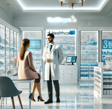a man and woman in a pharmacy office