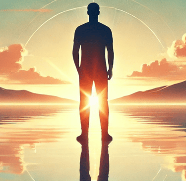 a man standing in the water with a sunset that shows calmness of men's health.