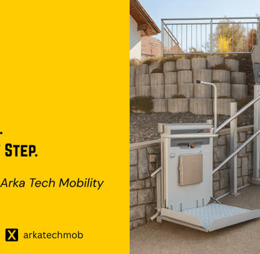 a woman in a wheelchair with a wheelchair in front of a staircase case ready to use platform lift