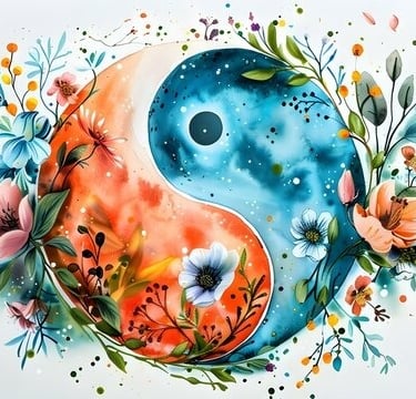 a painting of a ying yang symbol with flowers