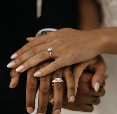 a bride and groom holding hands with their wedding rings