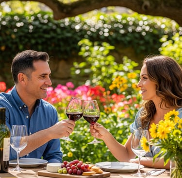 couple in garden toasting each other with wine