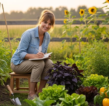 woman smiling and writing whilst in veggie patch