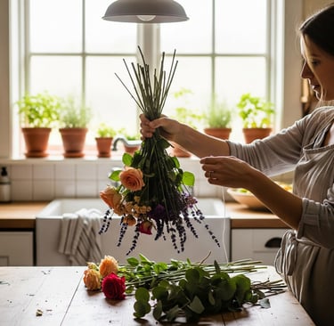 woman preparing dried flowers