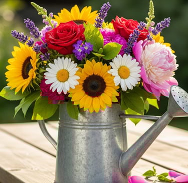 flowers in a watering can
