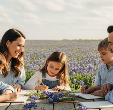 young girl writing with happy family in field of bluebonnets