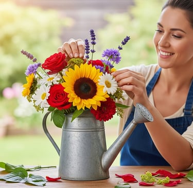 woman making watering can flowers