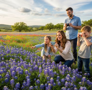 happy family looking at bluebonnet flowers