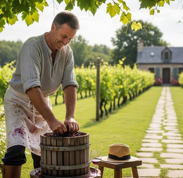man making wine at home in garden