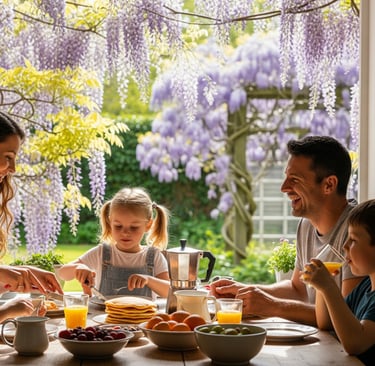 happy family eating with wisteria flowers in background