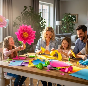 happy family sat making giant paper flowers