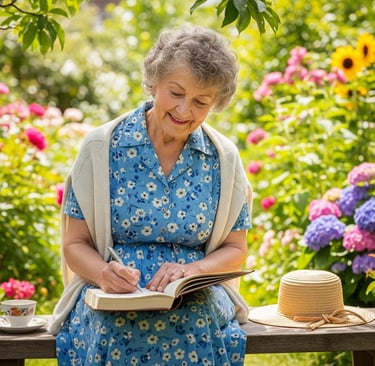 grandma writing in book whilst sat in garden