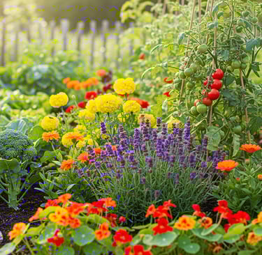 vegetable patch and flowers growing