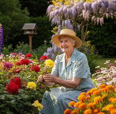 grandma admiring her classic flowers