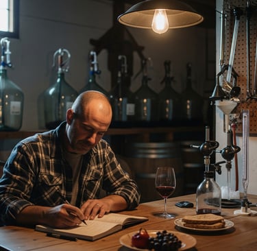 man in wine cellar writing in book