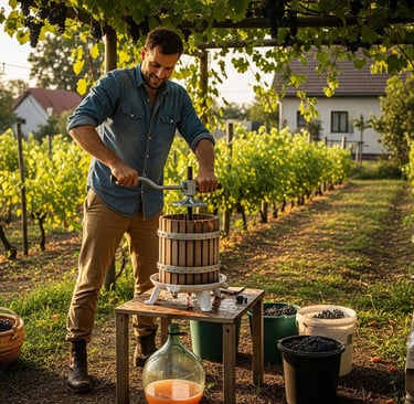 man making wine in garden