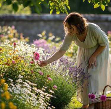 woman in garden picking flowers