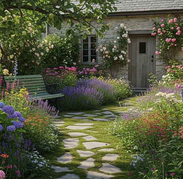 old cottage with classic flowers in garden