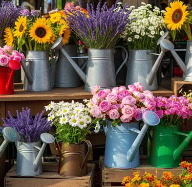 display of many watering can flowers