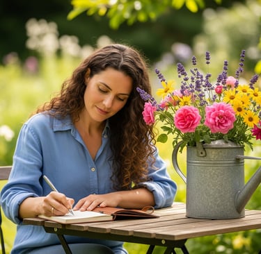 woman sat outside writing next to watering can flowers