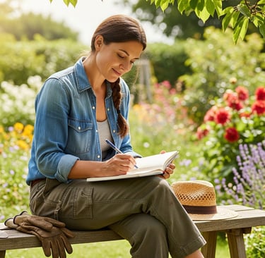 woman writing in book surrounded by hybrid flowers