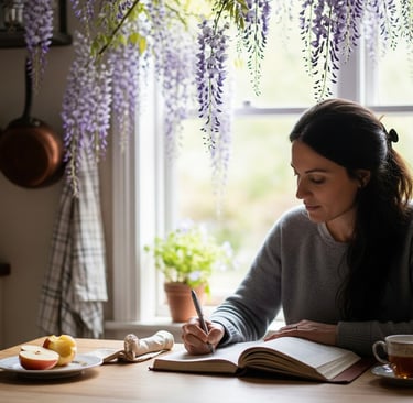 woman at kitchen table writing