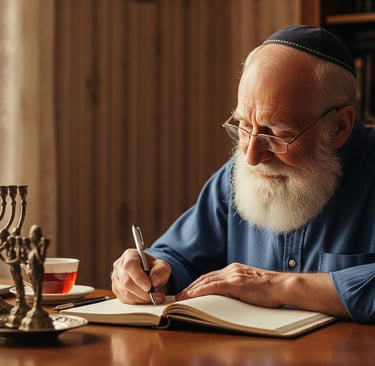 elderly jewish man writing in book