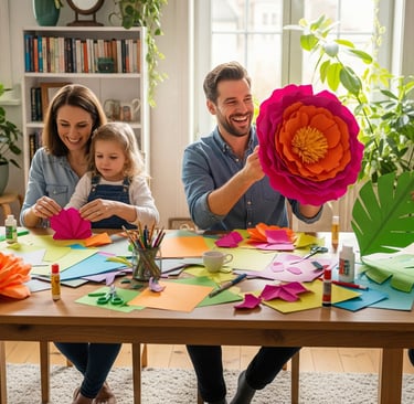 happy family making giant paper flowers