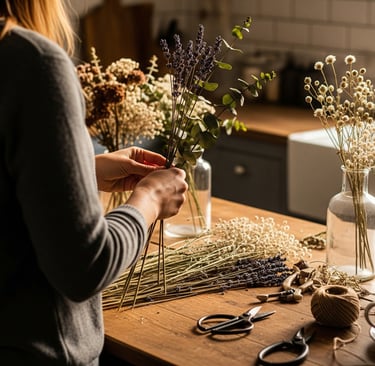 woman stood holding dried flowers