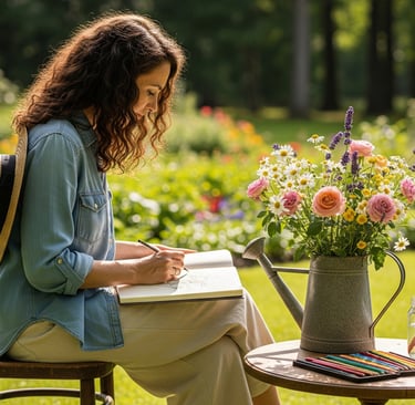 woman in garden drawing flowers