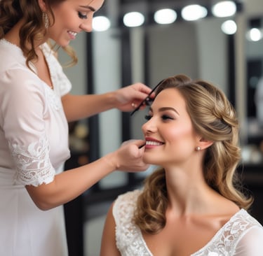 A person with long, wavy hair is receiving makeup, being applied with a brush around the eye area. The setting is bright with natural lighting, and a slight smile is present, suggesting a calm and pleasant atmosphere.