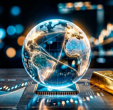 Globo terráqueo con elementos financieros y tecnológicos, economía global en transición
