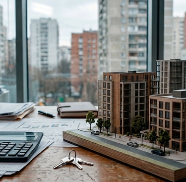 Maqueta de viviendas sobre escritorio financiero con documentos, representando el riesgo hipotecario