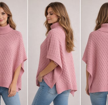 Woman wearing a pink turtleneck knit poncho sweater in front, side, and back views.